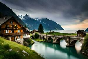 a beautiful mountain village with a bridge over the river. AI-Generated photo