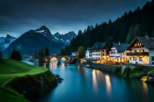 foto fondo de pantalla montañas, río, el noche, Suiza, Alpes, el Alpes,. generado por ai