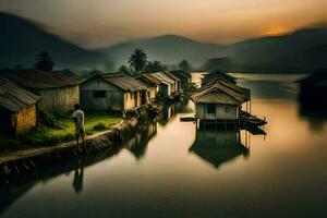 a man stands on the shore of a river with houses. AI-Generated photo