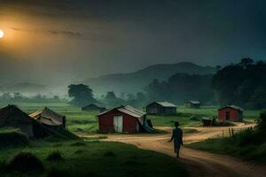 a man walking down a dirt road in front of a village. AI-Generated photo