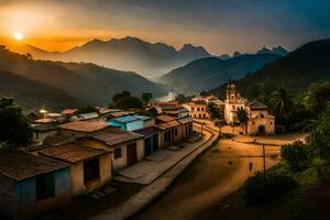 un pueblo en el montañas a puesta de sol. generado por ai foto