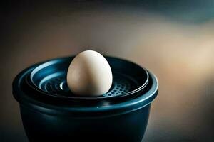 an egg is sitting in a black cup. AI-Generated photo