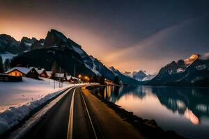 un la carretera líder a un lago a puesta de sol. generado por ai foto