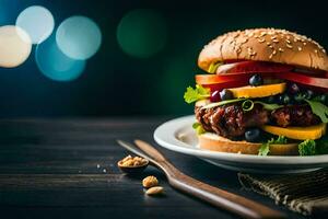 a hamburger with fruit and vegetables on a plate. AI-Generated photo