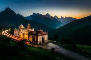 a church in the mountains at dusk. AI-Generated photo