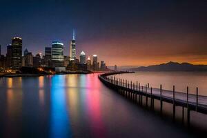 un muelle en frente de un ciudad horizonte a noche. generado por ai foto