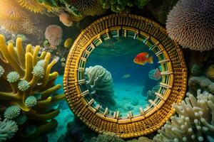 a circular mirror is surrounded by coral and fish. AI-Generated photo