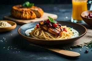spaghetti with meat and cranberry sauce on a dark table. AI-Generated photo