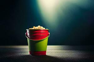 a bucket of popcorn on a dark table. AI-Generated photo