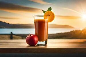 un vaso de naranja jugo con un manzana en un mesa. generado por ai foto