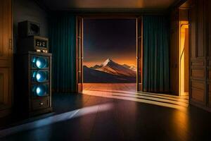 a room with speakers and a mountain in the background. AI-Generated photo