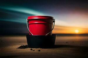 un rojo Cubeta en el playa a puesta de sol. generado por ai foto