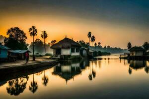 un río con casas y palma arboles a puesta de sol. generado por ai foto
