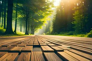 a long wooden path in the woods with trees. AI-Generated photo