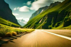 a road in the mountains with a green grassy field. AI-Generated photo