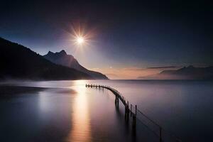 a pier in the water at sunset with mountains in the background. AI-Generated photo