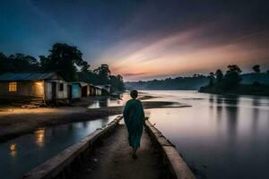 a man walks along a wooden bridge at sunset. AI-Generated photo