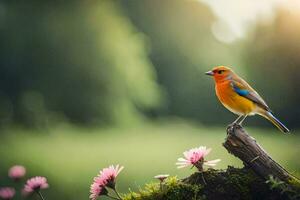 a colorful bird sits on a stump in a field. AI-Generated photo