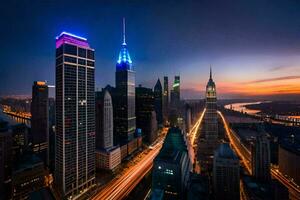 el ciudad horizonte a noche con luces en. generado por ai foto