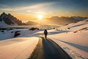 un persona caminando en un Nevado la carretera a puesta de sol. generado por ai foto