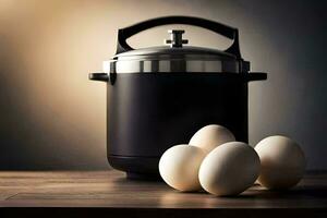 a black pot with four eggs on a table. AI-Generated photo