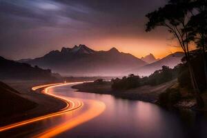 un largo exposición fotografía de un río y montañas a puesta de sol. generado por ai foto
