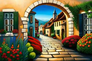 an artistic painting of a street with flowers and flowers. AI-Generated photo