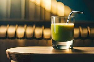 a glass of green juice sitting on a table. AI-Generated photo