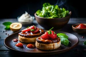 two mini stuffed mushrooms with strawberries and sauce on a plate. AI-Generated photo