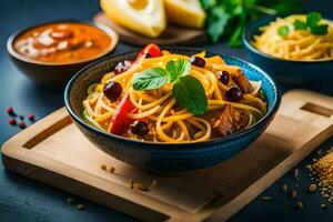 espaguetis con albóndigas y salsa en un bol. generado por ai foto
