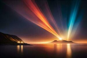 a colorful light beam is shining over a mountain. AI-Generated photo