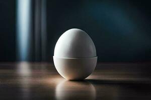 an egg sitting on a table in front of a window. AI-Generated photo