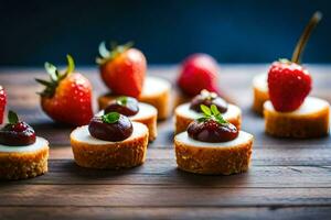mini cheesecakes with strawberries and cherries on a wooden table. AI-Generated photo