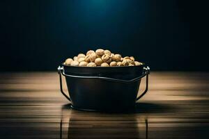 a bucket filled with peanuts on a wooden table. AI-Generated photo