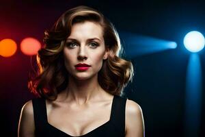 a woman with red lipstick and black dress in front of bright lights. AI-Generated photo
