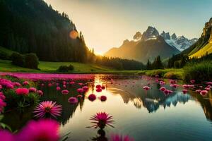 pink flowers in the mountains at sunset. AI-Generated photo