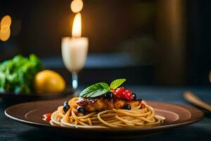 a plate of spaghetti with berries and a candle. AI-Generated photo