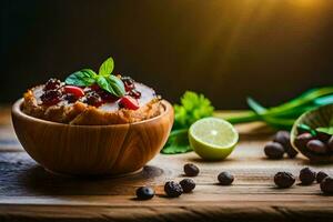 a bowl of food with a spoon and a lime. AI-Generated photo