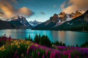 the lake and flowers are beautiful in the morning. AI-Generated photo