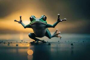 a frog is standing on its hind legs with its arms outstretched. AI-Generated photo