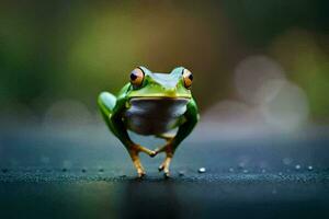 a frog is standing on its hind legs. AI-Generated photo