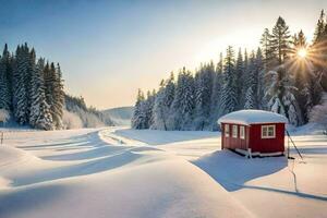 a red house sits in the middle of a snowy field. AI-Generated photo