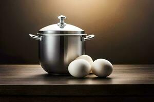 a stainless steel pot with eggs on a table. AI-Generated photo