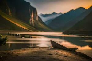 a boat sits on the shore of a lake at sunset. AI-Generated photo