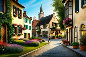 a street in a small town with flowers and buildings. AI-Generated photo