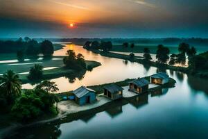 un río y algunos pequeño casas en el medio de un campo. generado por ai foto