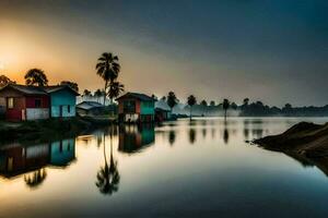 a lake with houses and palm trees at sunset. AI-Generated photo