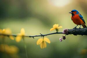 a colorful bird sits on a branch in front of a yellow flower. AI-Generated photo