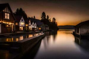 un lago y casas a puesta de sol. generado por ai foto