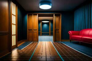 a hallway with a red couch and blue walls. AI-Generated photo
